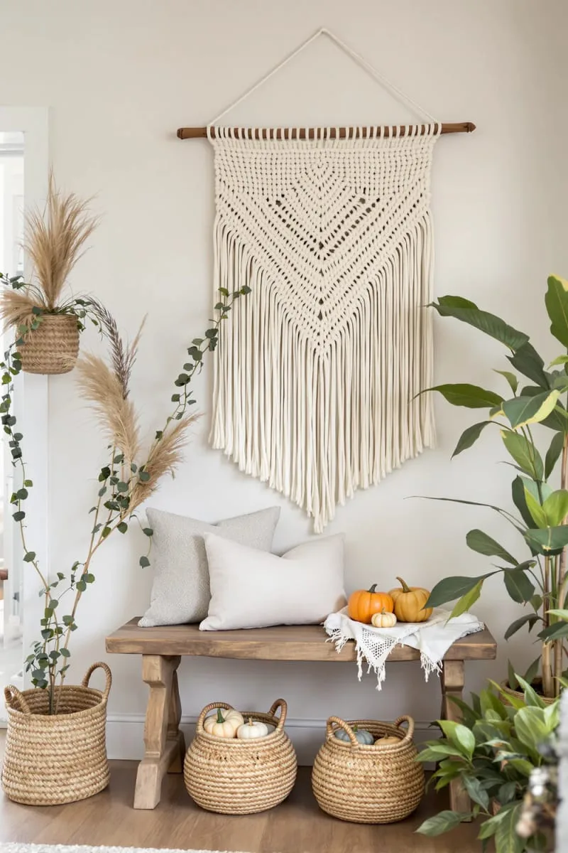 boho macramé wall hangings with pampas grass sprigs 1