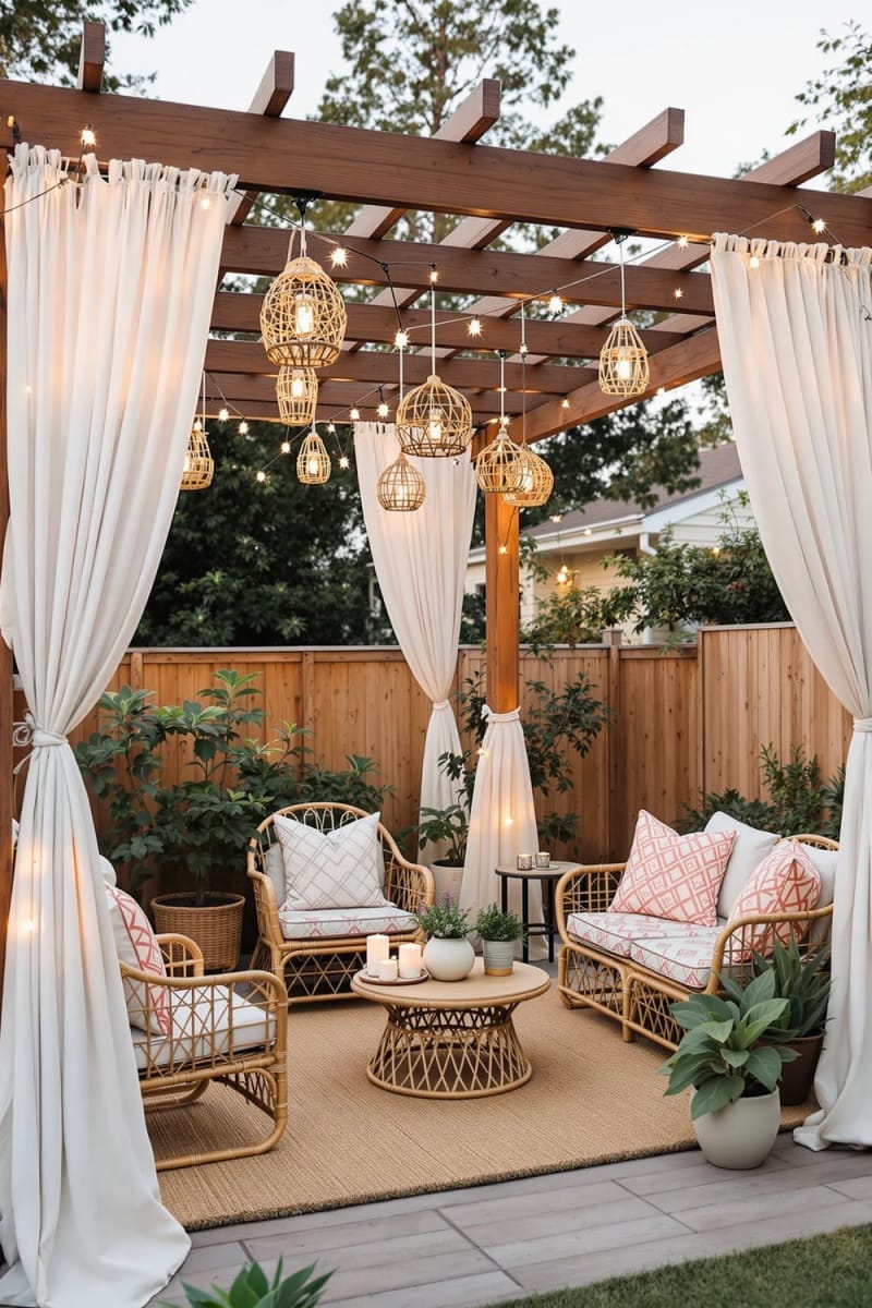 boho-style pergola with macrame curtains and hanging lanterns for cozy evenings 1
