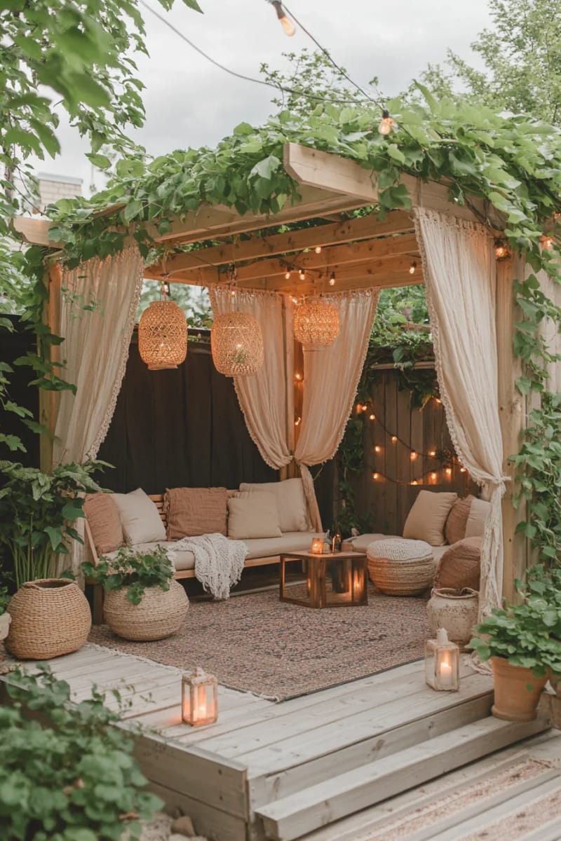 boho-style pergola with macrame curtains and hanging lanterns for cozy evenings 1