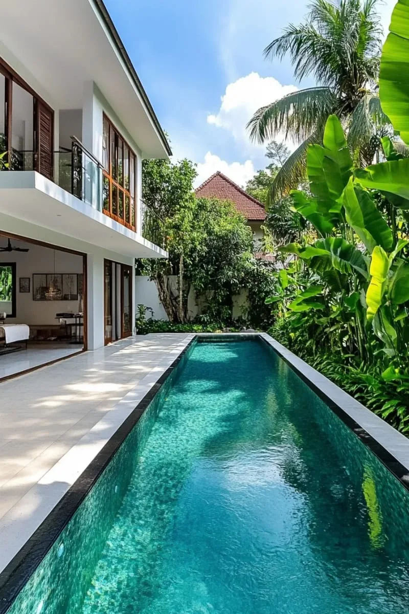 bold geometric pool with black bottom for a dramatic, modern vibe 1