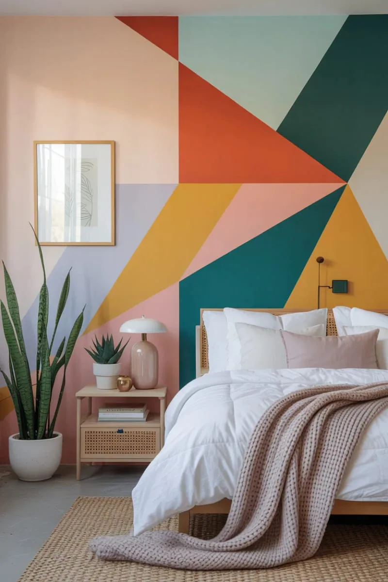 bold geometric wall painting with triangles in pastel tones as a modern accent 1