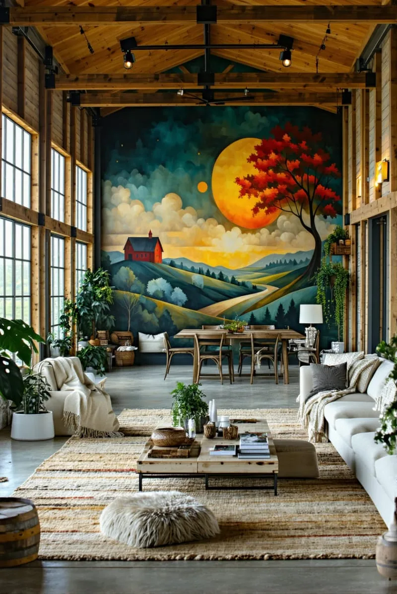 29 Unique Barndominium Interiors For Your Next Makeover 23 bold mural wall showcasing abstract rural landscapes 1