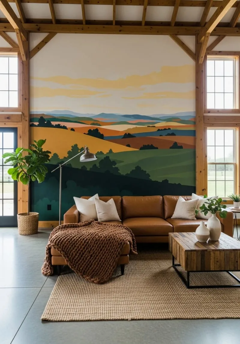 29 Unique Barndominium Interiors For Your Next Makeover 24 bold mural wall showcasing abstract rural landscapes 1