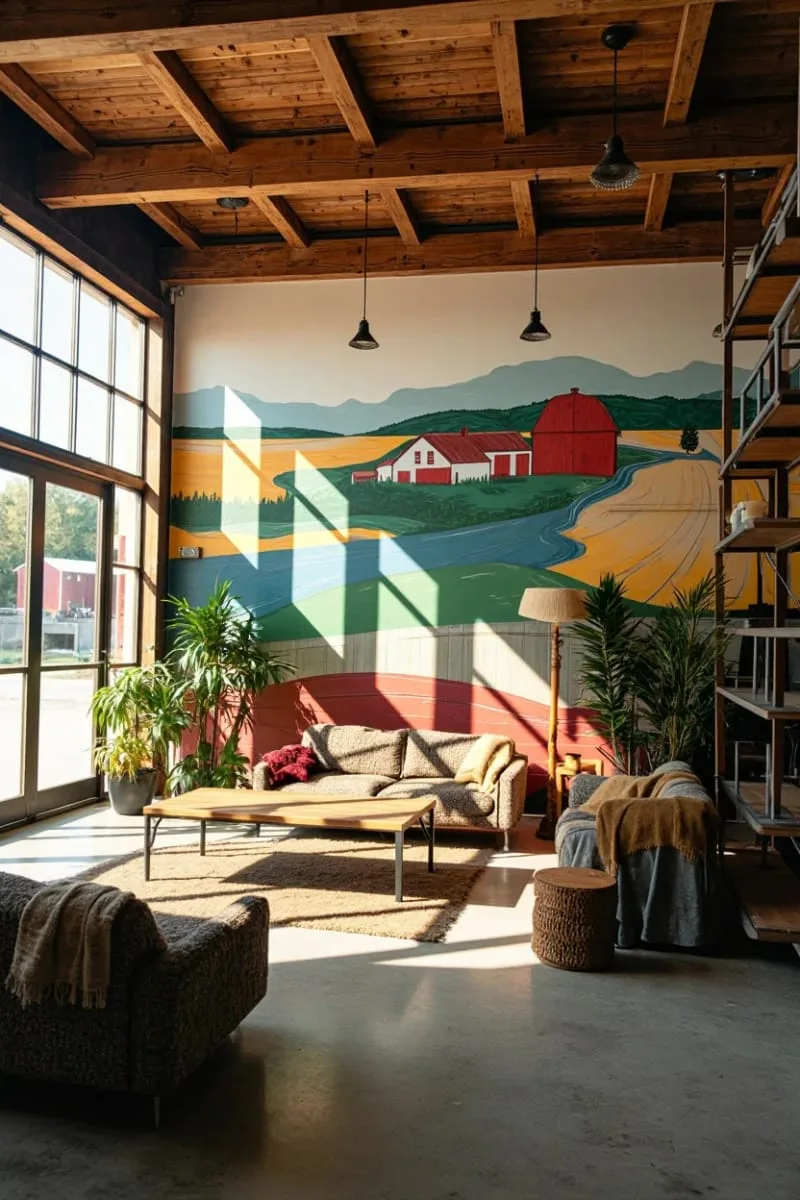 29 Unique Barndominium Interiors For Your Next Makeover 25 bold mural wall showcasing abstract rural landscapes 1