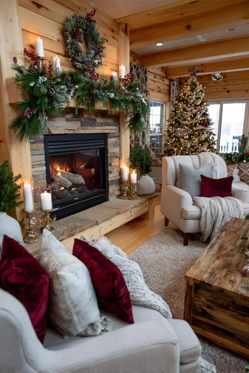 brass candlesticks and pillar candles on a rustic wooden mantel 1