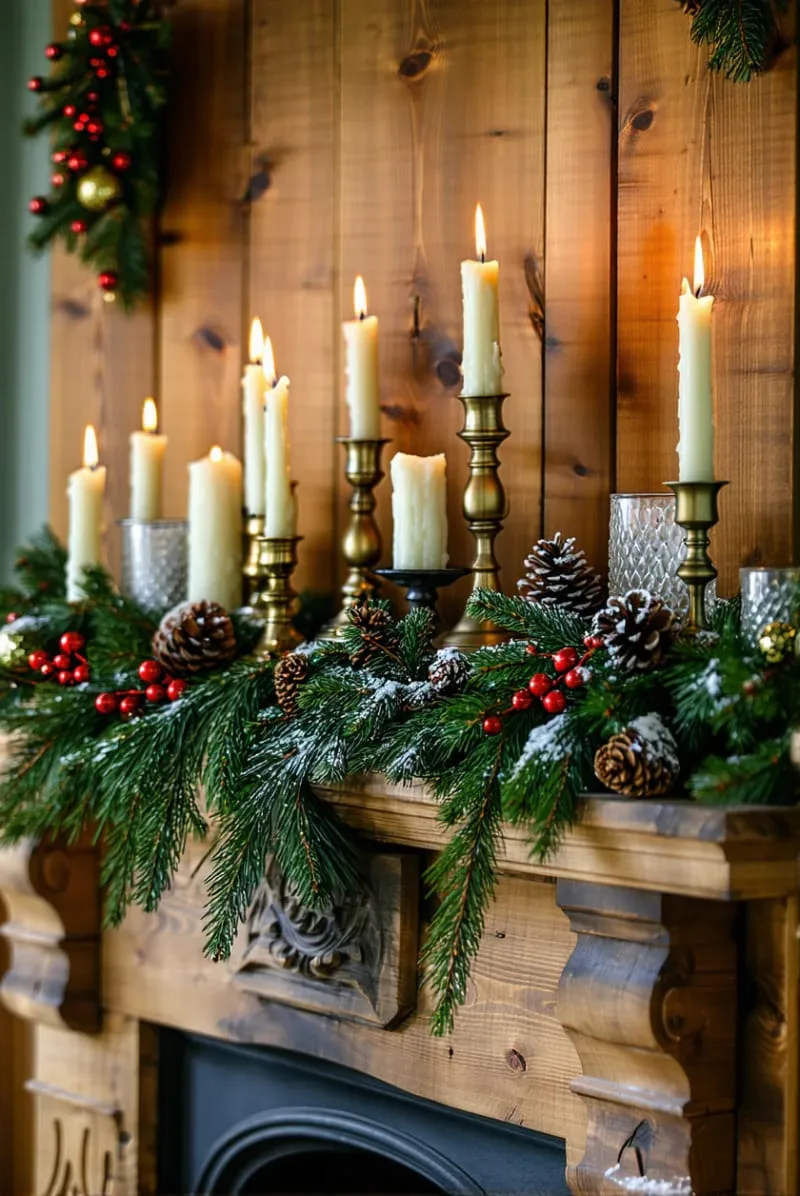 brass candlesticks and pillar candles on a rustic wooden mantel 1