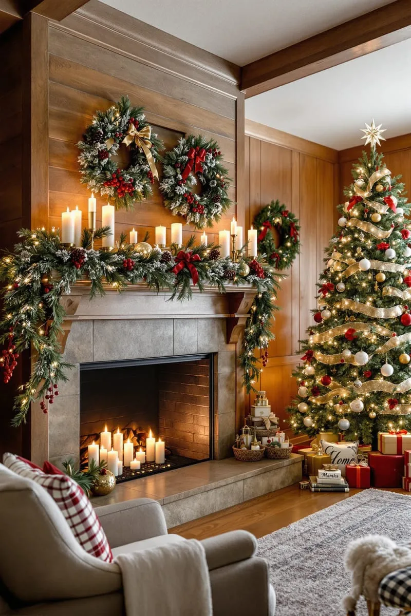 brass candlesticks and pillar candles on a rustic wooden mantel 1
