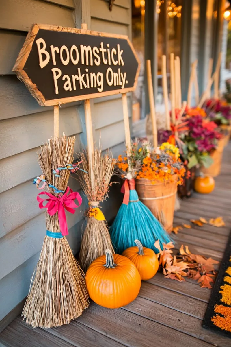21 Halloween Porch Decorations: Ideas For A Unique Festive Entryway 39 broomstick parking station with quirky hand-painted sign 1
