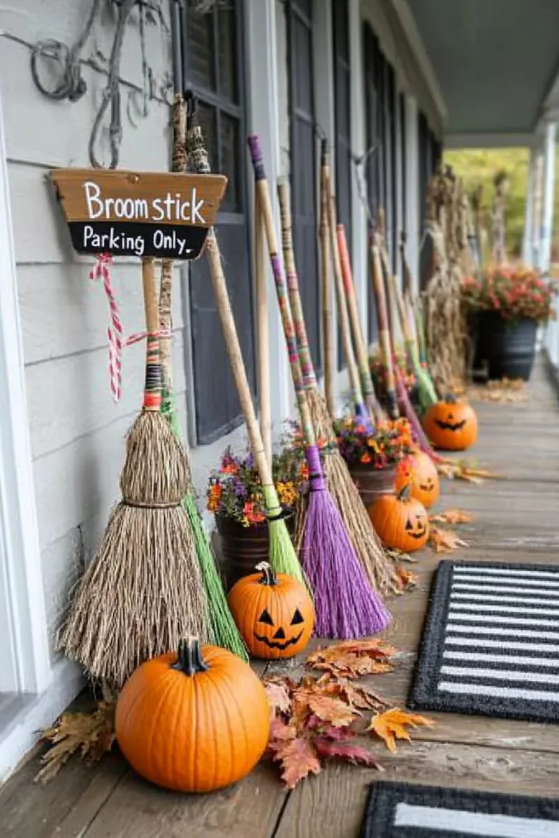 21 Halloween Porch Decorations: Ideas For A Unique Festive Entryway 42 broomstick parking station with quirky hand-painted sign 1