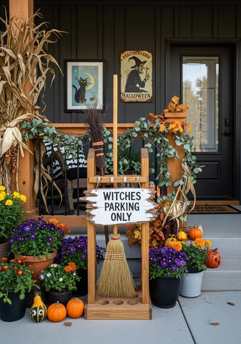 21 Halloween Porch Decorations: Ideas For A Unique Festive Entryway 43 broomstick parking station with quirky hand-painted sign 1