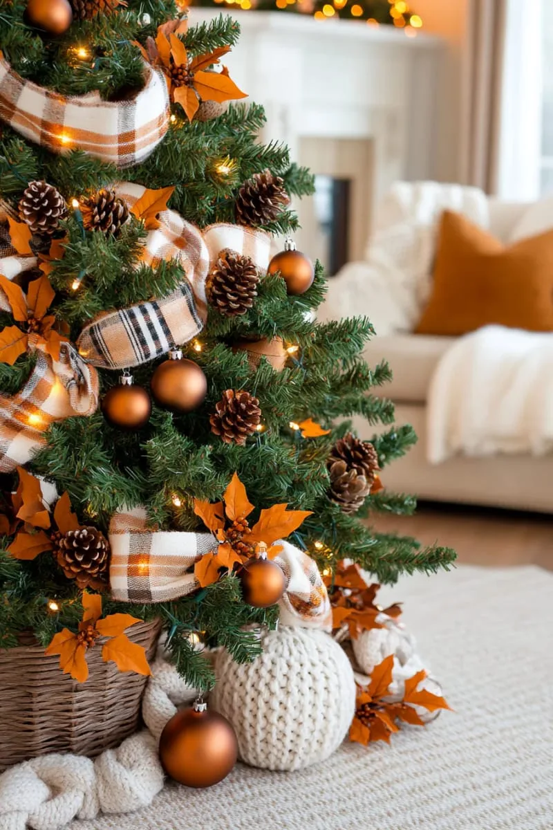 buffalo plaid ribbon intertwined with burnt orange leaves and berries 1