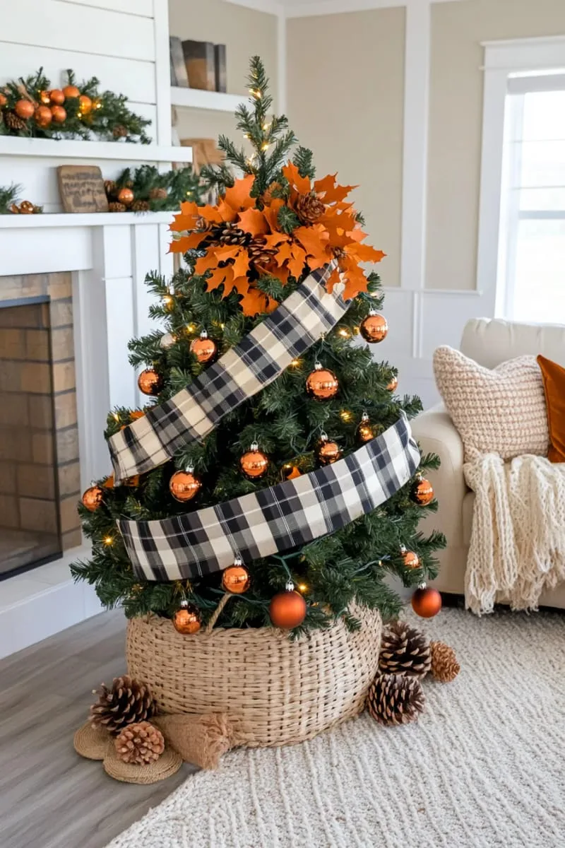 buffalo plaid ribbon intertwined with burnt orange leaves and berries 1
