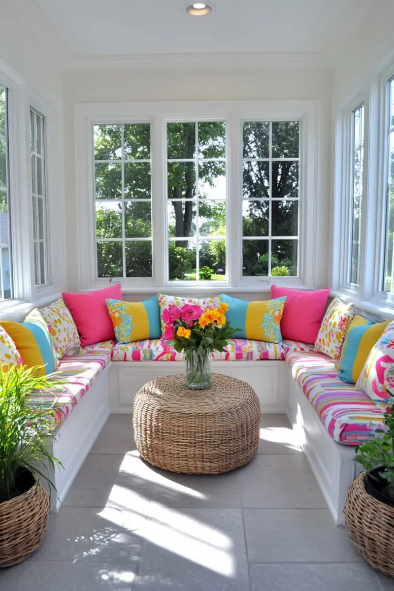 19 Small Sunroom Ideas to Brighten Small Spaces 15 built-in window bench seating with colorful summer cushions and throws 1