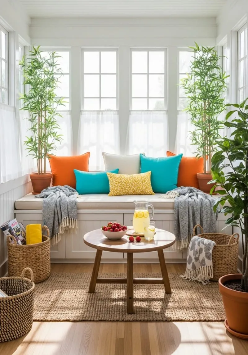 19 Small Sunroom Ideas to Brighten Small Spaces 17 built-in window bench seating with colorful summer cushions and throws 1