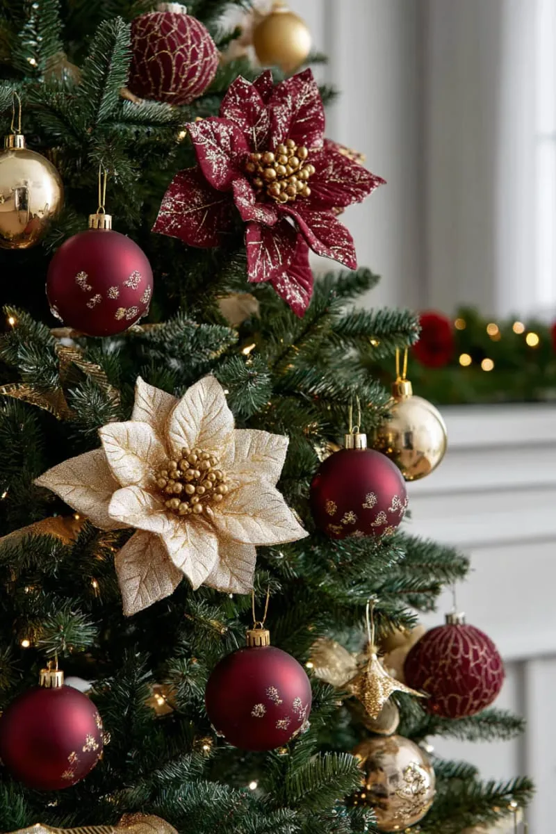 31 Dreamy Christmas Tree Decorations for a Unique Festive Touch 6 burgundy and gold baubles paired with oversized metallic poinsettia blossoms 1