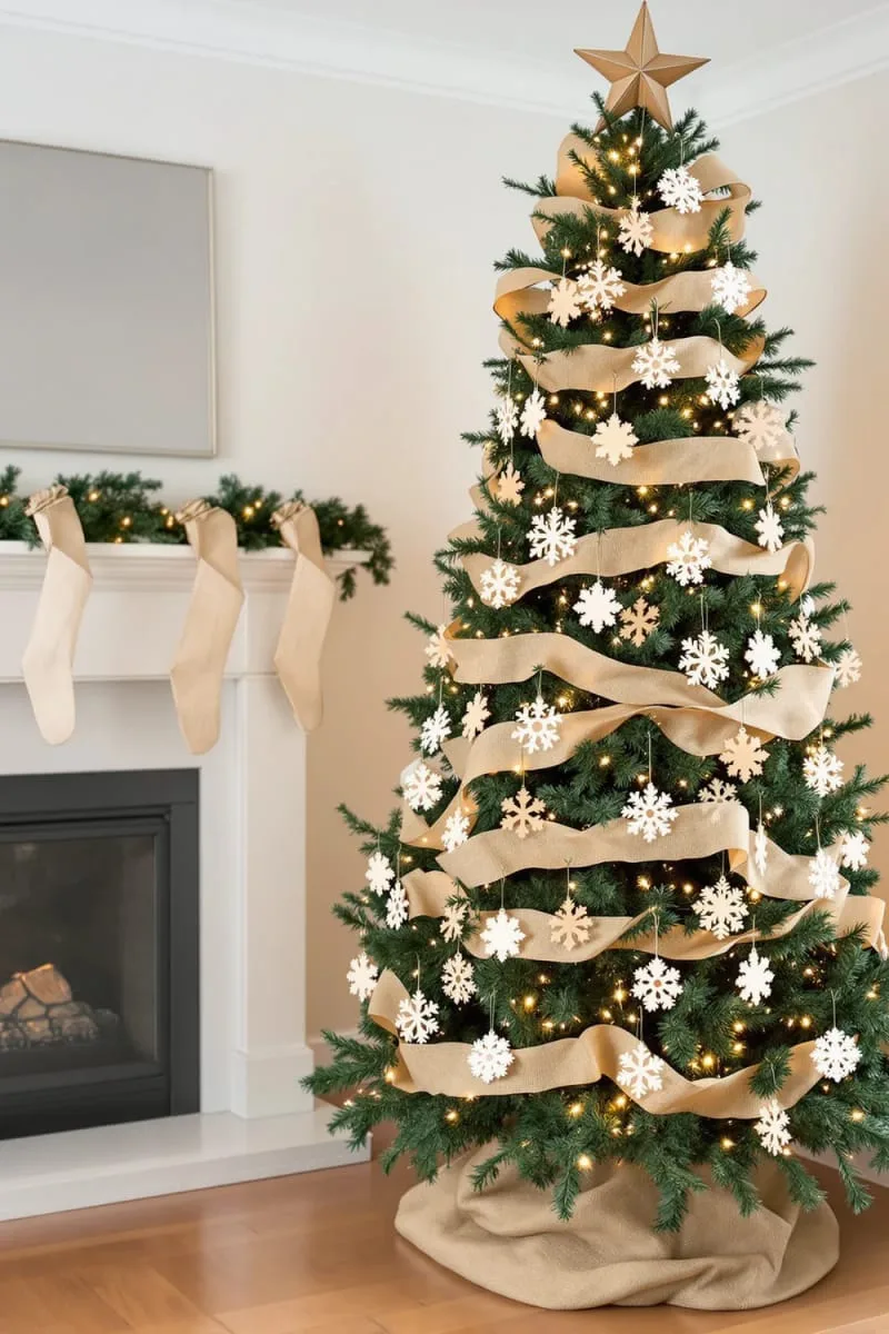 31 Dreamy Christmas Tree Decorations for a Unique Festive Touch 44 burlap ribbon and wooden snowflakes for rustic farmhouse tree style 1