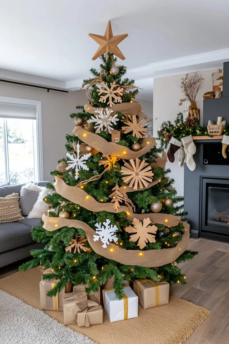 31 Dreamy Christmas Tree Decorations for a Unique Festive Touch 45 burlap ribbon and wooden snowflakes for rustic farmhouse tree style 1
