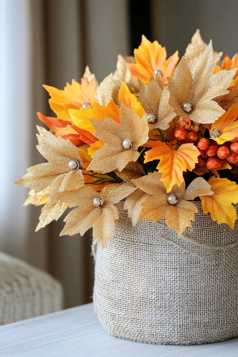 burlap ribbon spirals layered with golden maple leaves 1