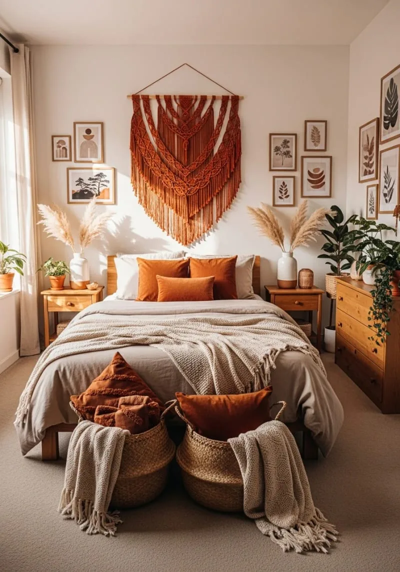 burnt orange macramé wall hanging for autumnal texture 1