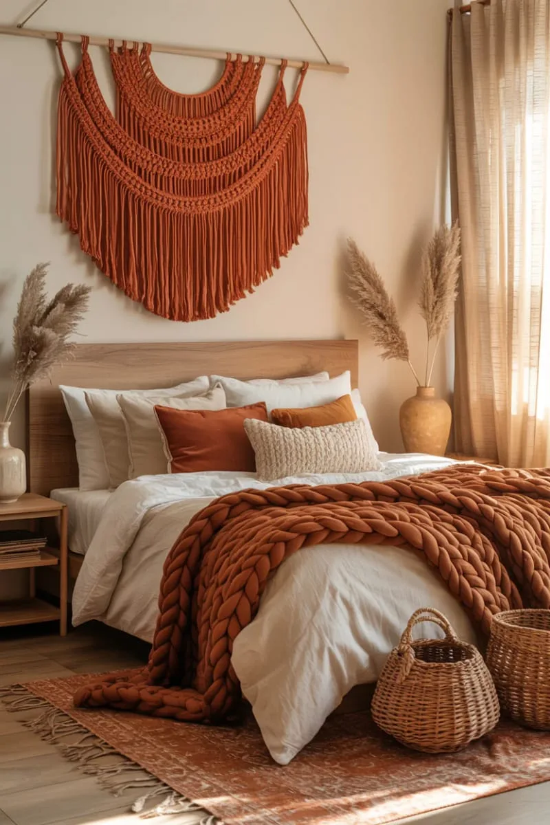 burnt orange macramé wall hanging for autumnal texture 1