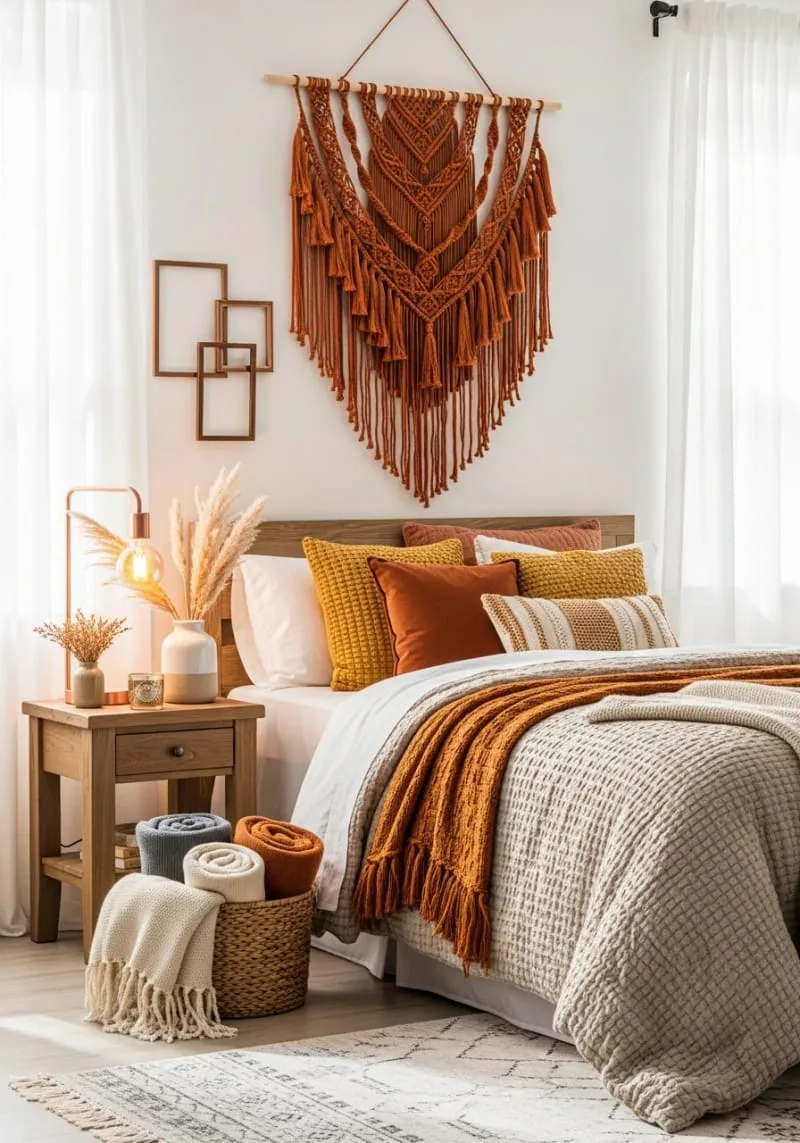 burnt orange macramé wall hanging for autumnal texture 1