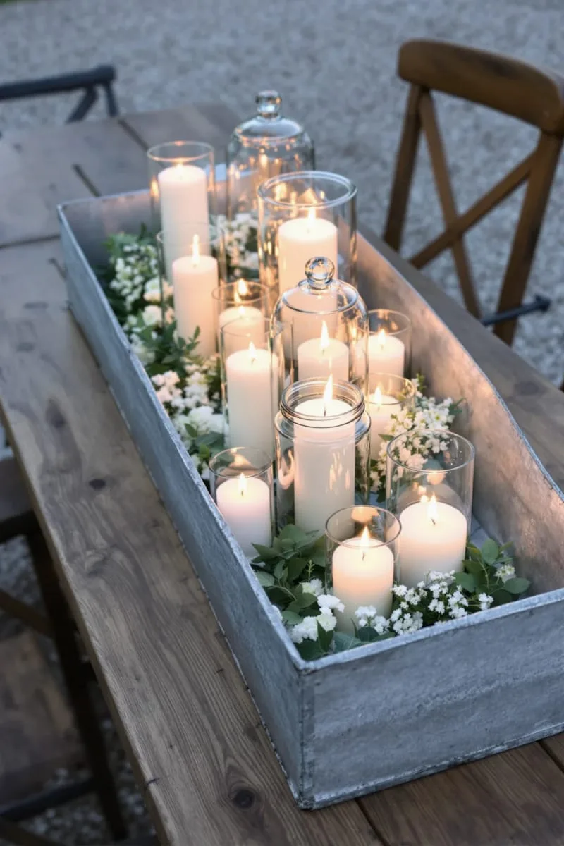 candlelit lanterns scattered across a galvanized trough centerpiece 1