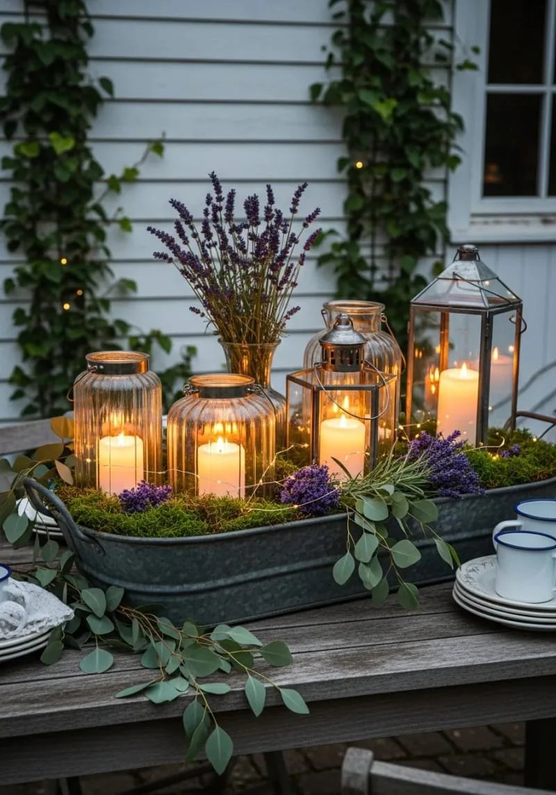 candlelit lanterns scattered across a galvanized trough centerpiece 1