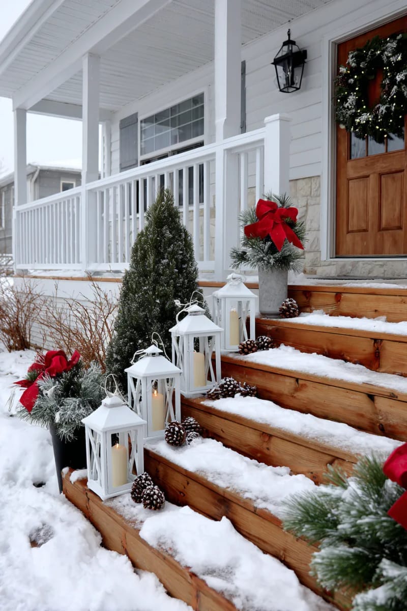 31 Outdoor Christmas Decorations: Ideas for a Magical Welcome 12 candlelit lanterns surrounded by frosted ornaments on wooden steps 1