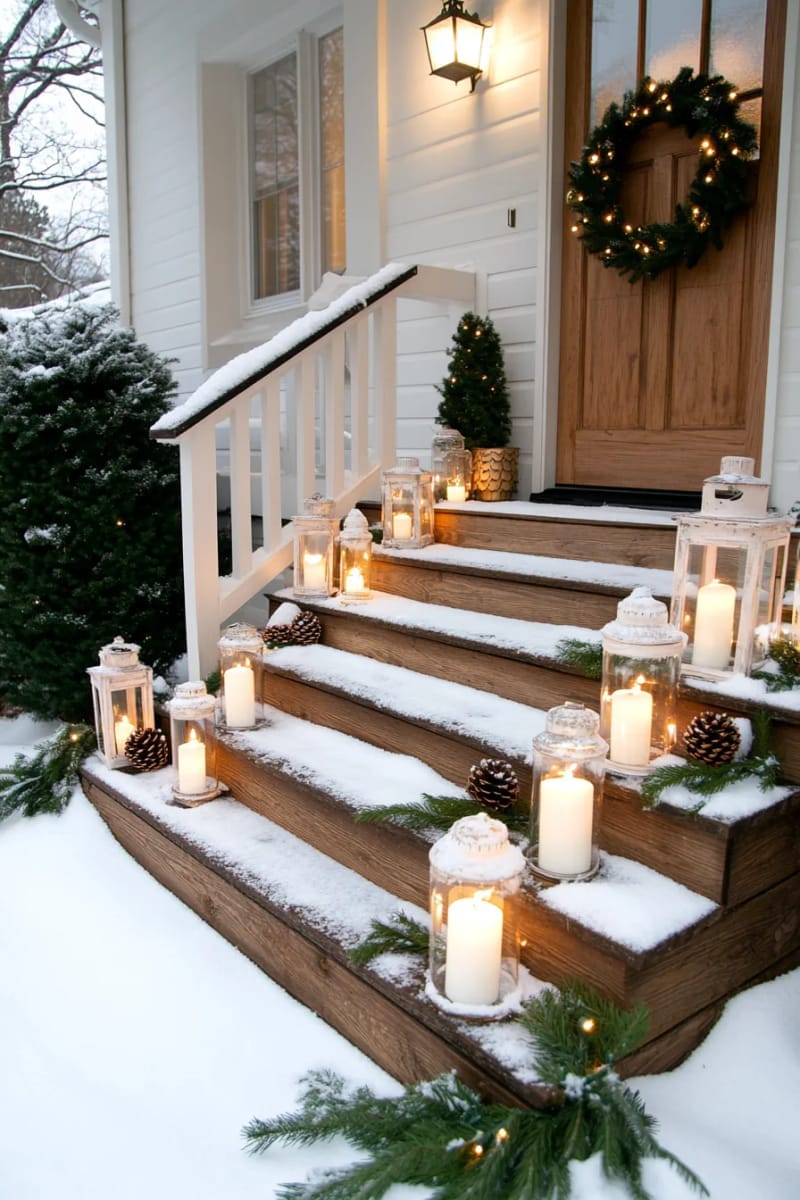 31 Outdoor Christmas Decorations: Ideas for a Magical Welcome 10 candlelit lanterns surrounded by frosted ornaments on wooden steps 1