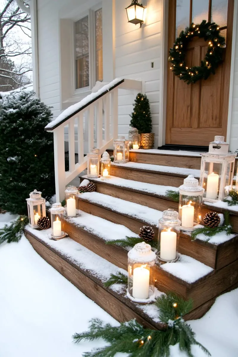 candlelit lanterns surrounded by frosted ornaments on wooden steps 1