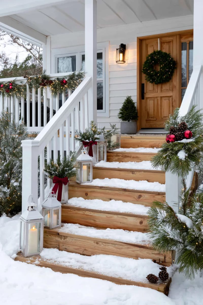 31 Outdoor Christmas Decorations: Ideas for a Magical Welcome 11 candlelit lanterns surrounded by frosted ornaments on wooden steps 1
