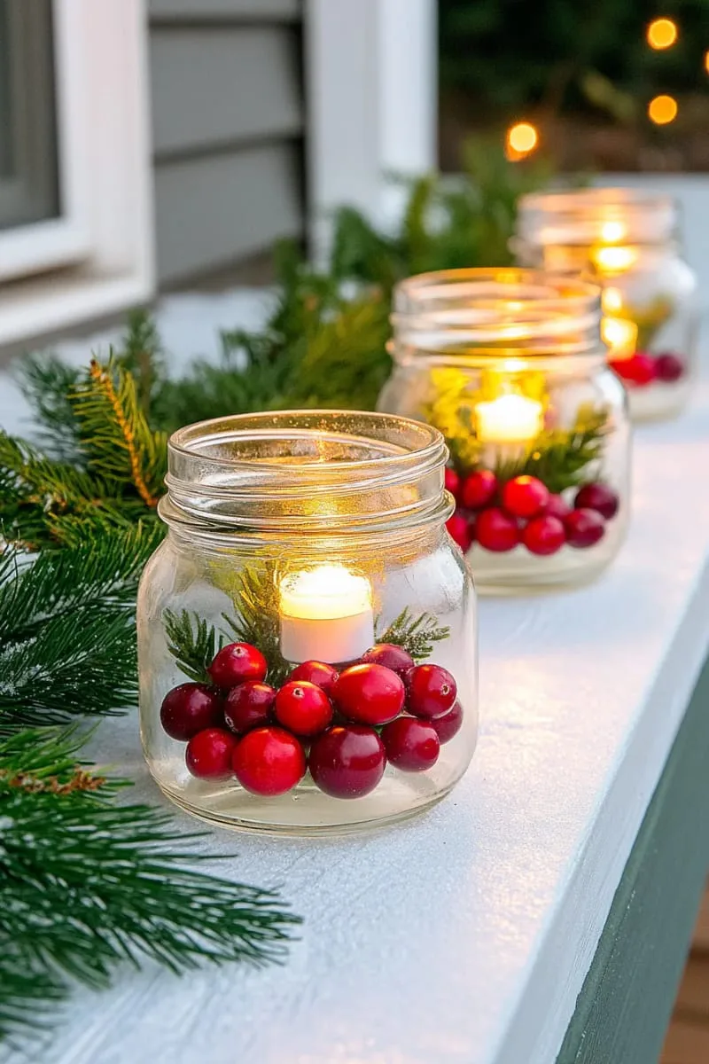 candlelit mason jars filled with cranberries and greenery 1