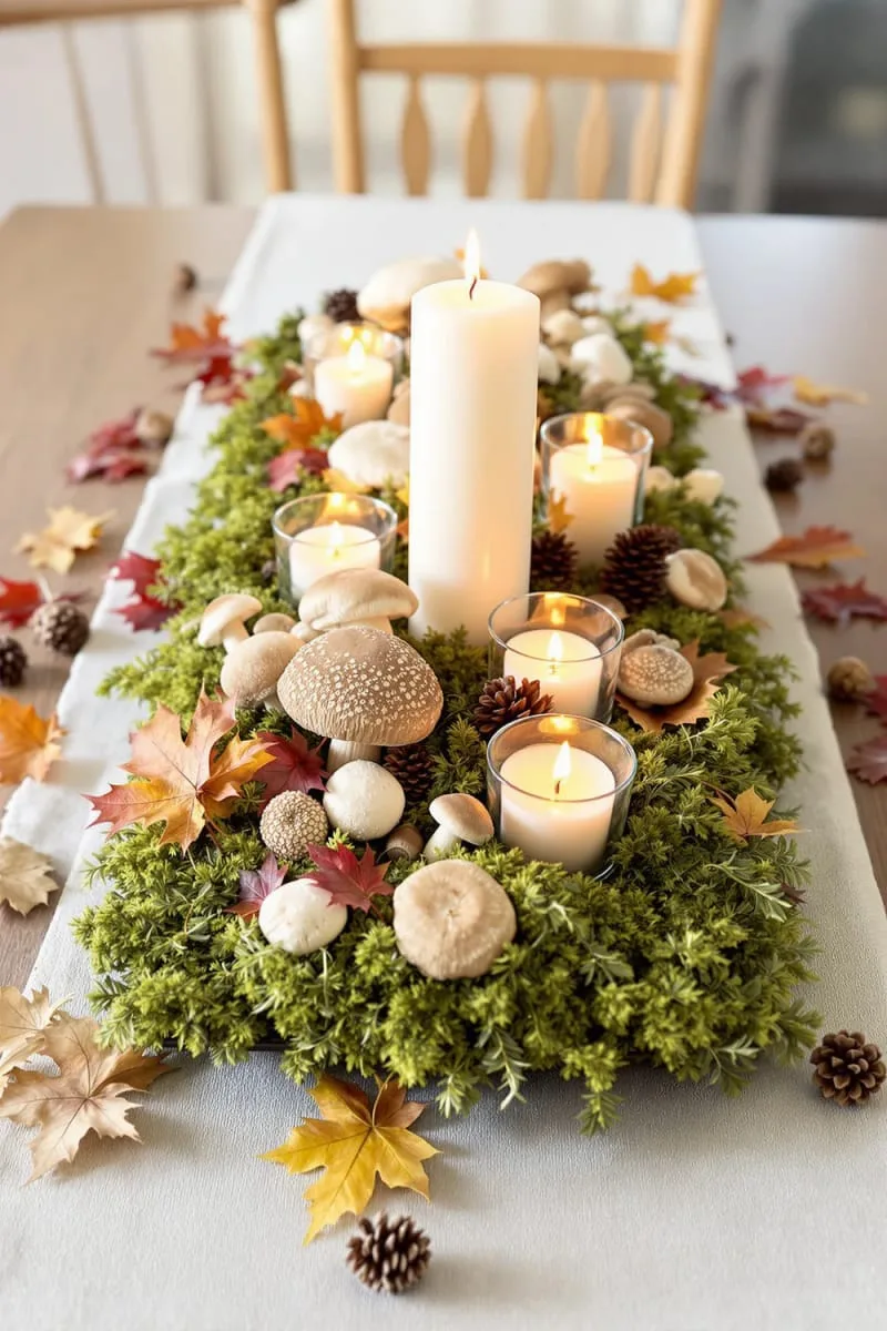 candlelit moss nest centerpiece with faux mushrooms 1 candlelit moss nest centerpiece with faux mushrooms 1