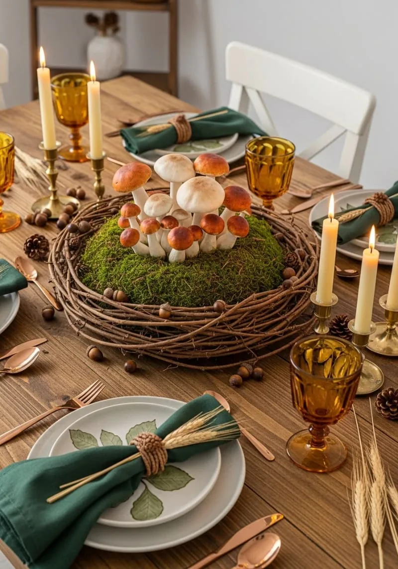 candlelit moss nest centerpiece with faux mushrooms 1 candlelit moss nest centerpiece with faux mushrooms 1