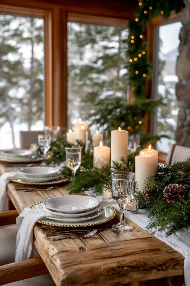 candlelit pine branch centerpiece with twinkle lights for dinner table 1