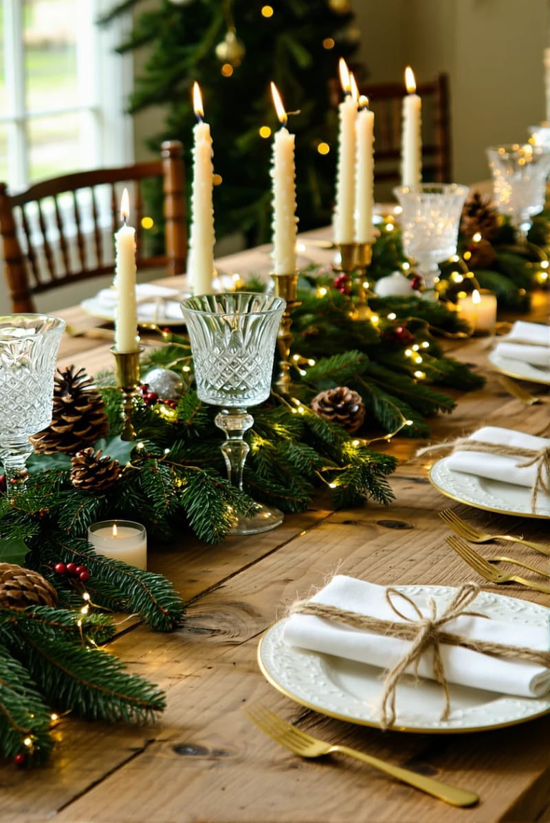 candlelit pine branch centerpiece with twinkle lights for dinner table 1