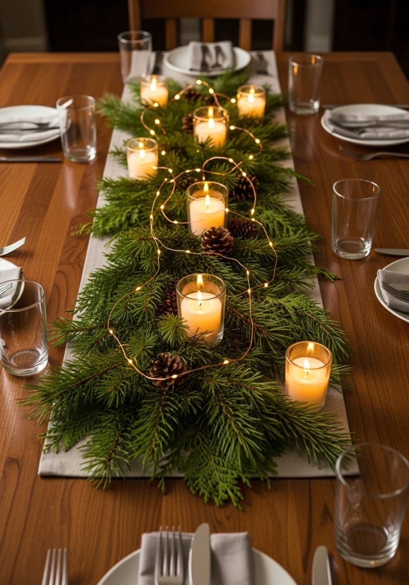 candlelit pine branch centerpiece with twinkle lights for dinner table 1