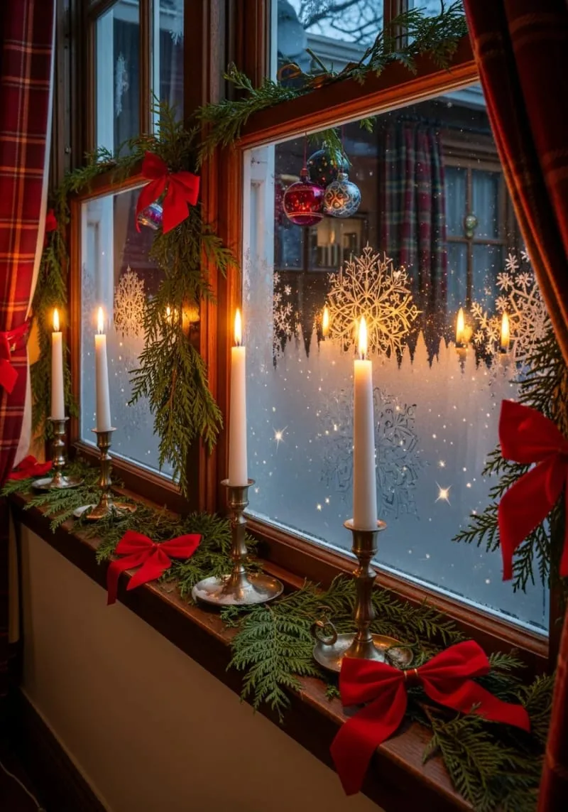 candlelit windowsills framed with sprigs of cedar and red bows 1