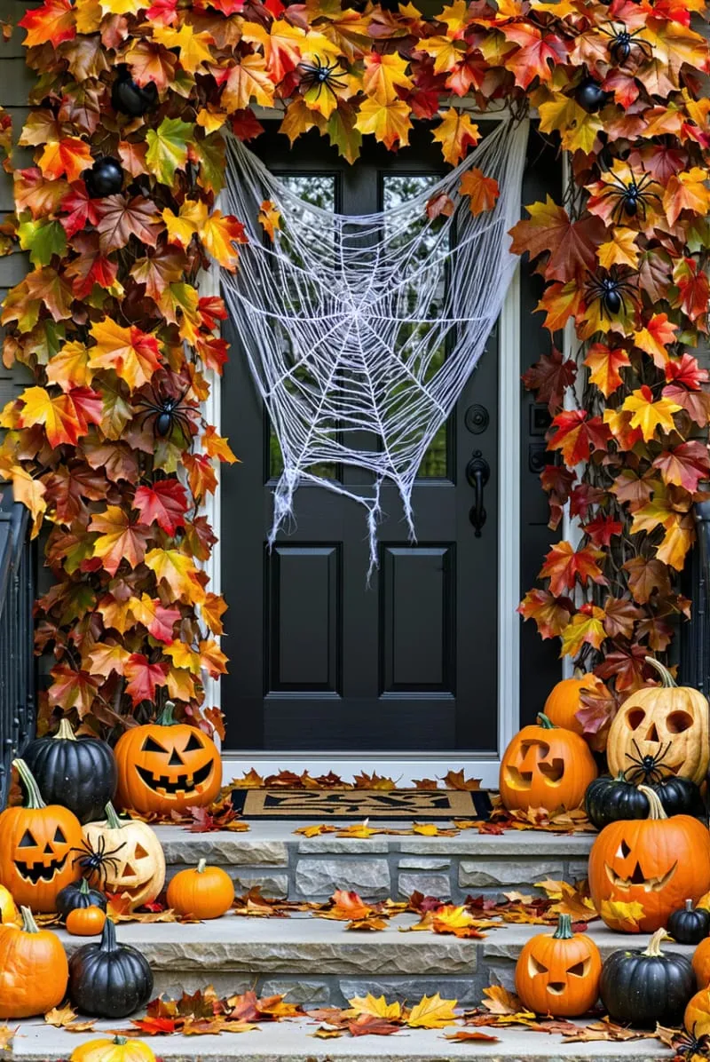 21 Creative Halloween Door Decorations: Ideas for a Festive Welcome 2 cascading autumn leaves and pumpkins framing a spiderweb door 1