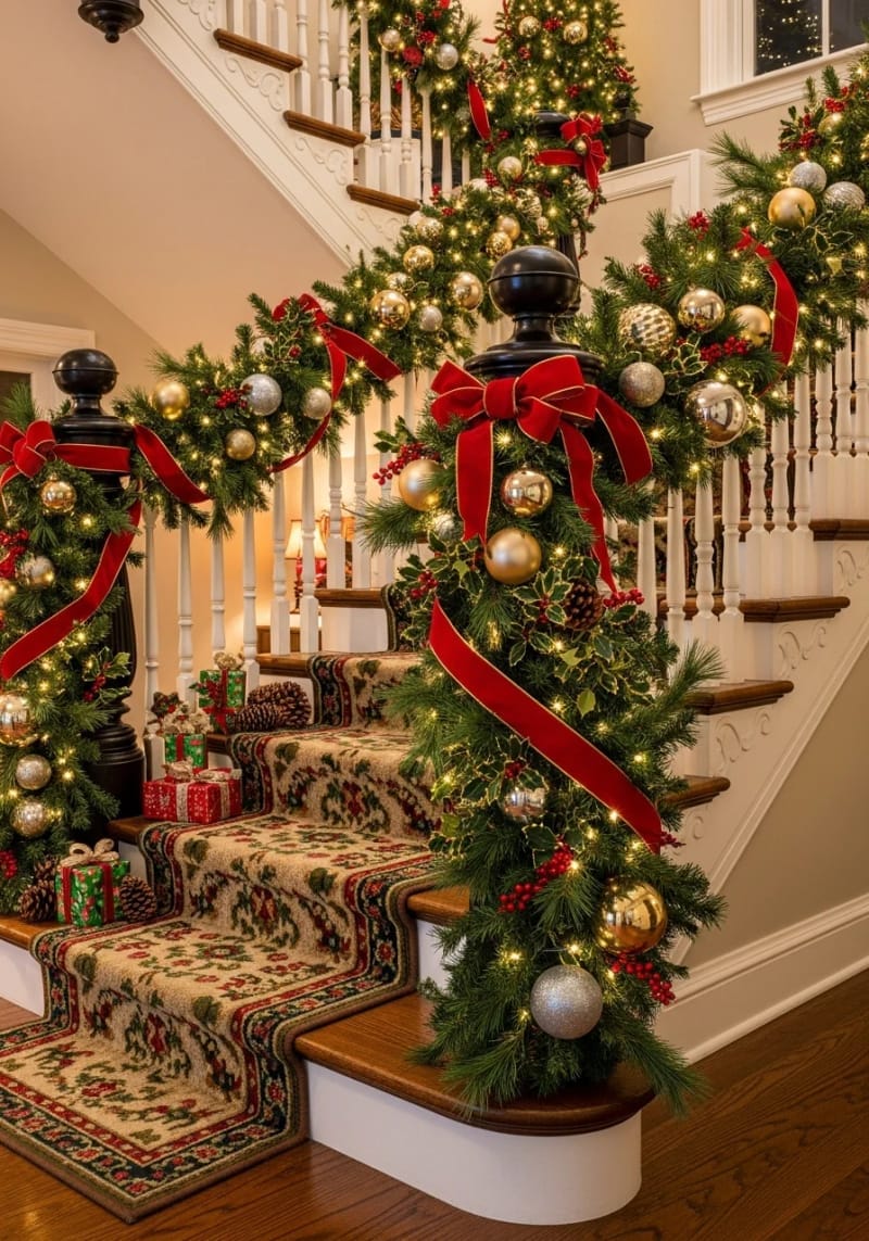 cascading garland on staircase with red velvet ribbon 1