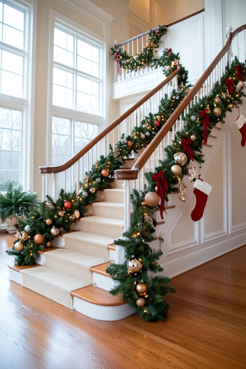 cascading garland on staircase with red velvet ribbon 1