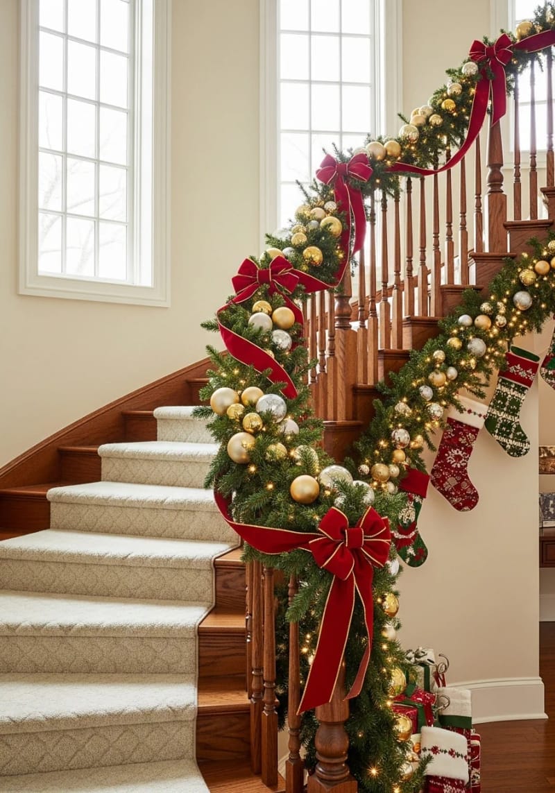 cascading garland on staircase with red velvet ribbon 1