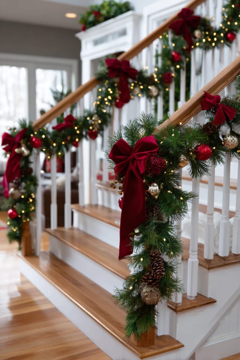 cascading garland on staircase with red velvet ribbon 1