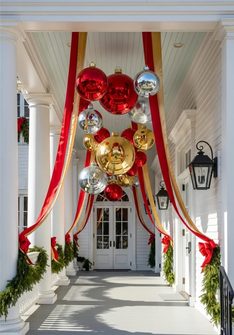 31 Outdoor Christmas Decorations: Ideas for a Magical Welcome 13 cascading oversized baubles and ribbons from porch ceilings 1