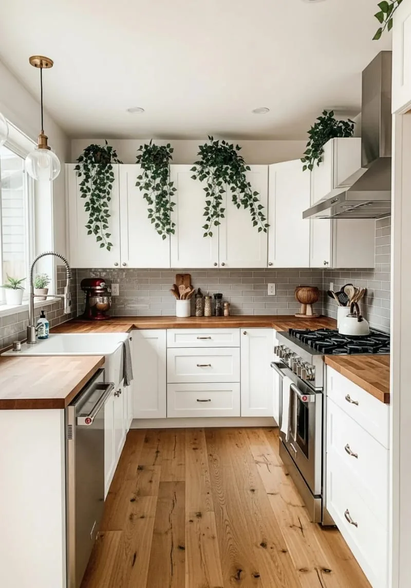 cascading vines or faux pothos plants trailing down from the top of kitchen cabinets 1