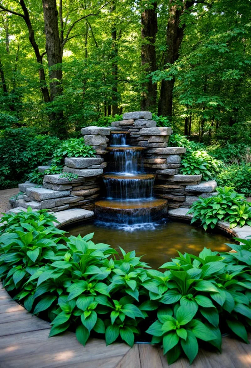 cascading waterfall feature framed by lush backyard garden beds 1