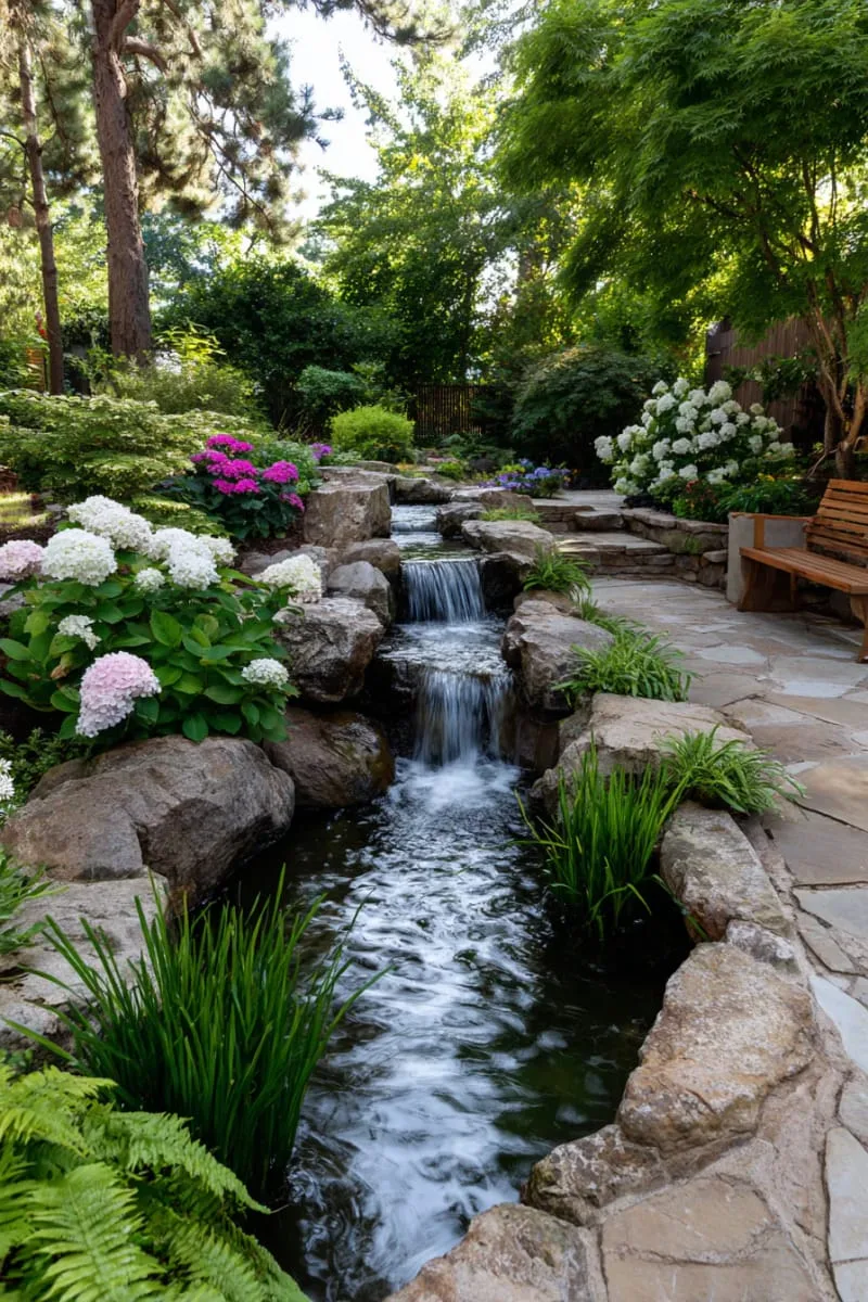 cascading waterfall feature framed by lush backyard garden beds 1