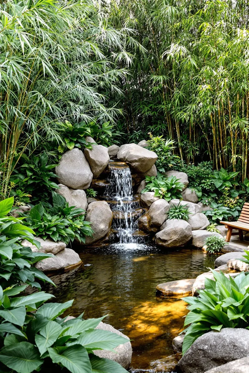 cascading waterfall feature framed by lush backyard garden beds 1