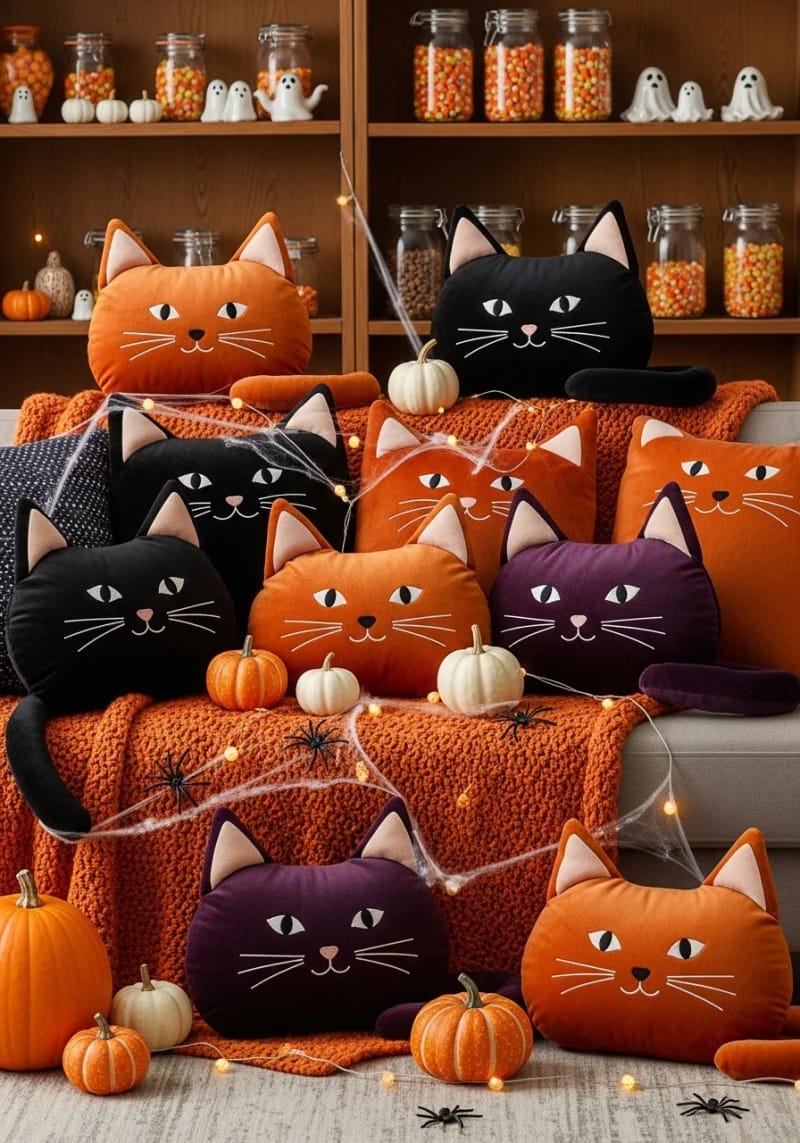 21 Super Cute Halloween Decor Ideas With A Unique Style 21 cat-shaped velvet throw pillows 1