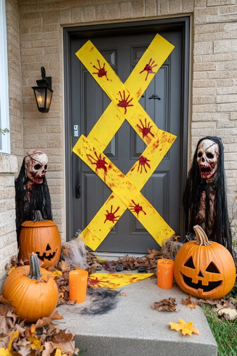 21 Creative Halloween Door Decorations: Ideas for a Festive Welcome 5 caution tape crisscrossed with bloody handprints and creepy mannequins 1